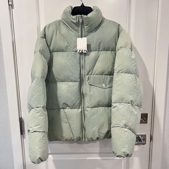 Zara Puffer Jacket Men's Green Mock Neck Long Sleeve Pocket Detail Zip-Up Medium - Picture 15 of 17
